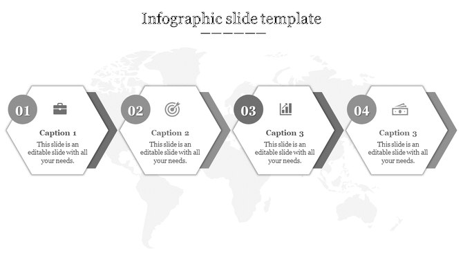 Infographic slide with four hexagonal icons representing business, goal setting, data analysis, and finances with captions.