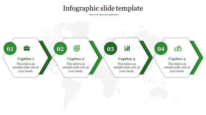 Infographic PPT slide with four green hexagonal icons representing business, target goals, growth, and finance with captions.