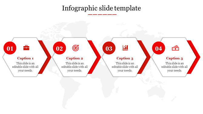 Infographic slide with four red-highlighted hexagons displaying icons: briefcase, target, chart, and cash in sequence.