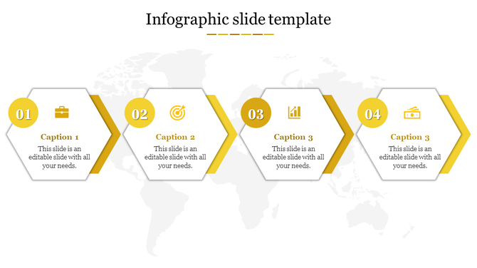 Four-step infographic with yellow accents and hexagonal shapes showing icons: briefcase, target, bar chart, and cash.