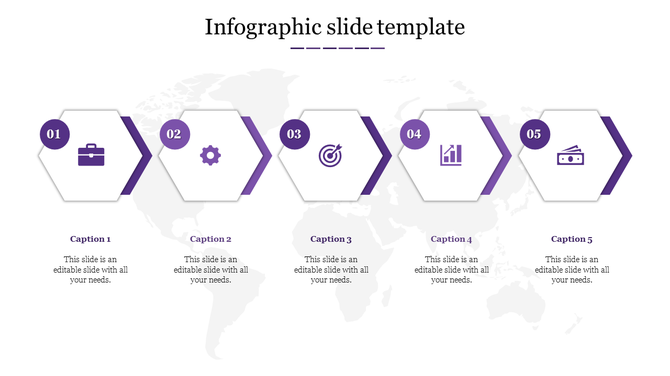 Infographic slide with five purple and white hexagons, each featuring icons and captions, aligned over a light world map.