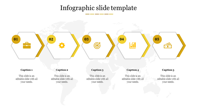 Slide with five hexagons in yellow and white, each featuring an icon and a caption, on a light world map background.