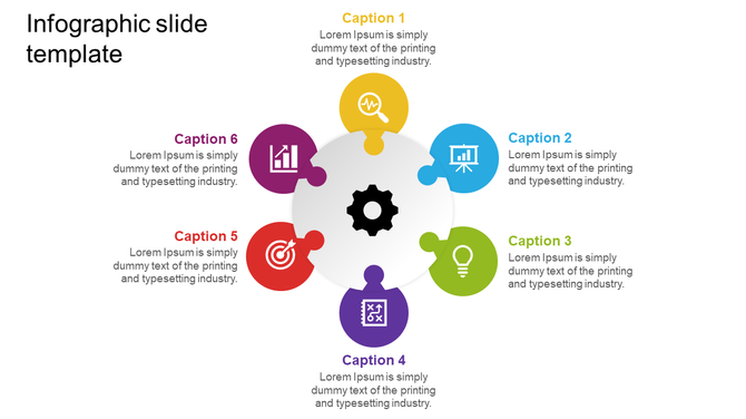  Circular infographic with segments and icons for planning, analysis, and growth, radiating around a central white gear.