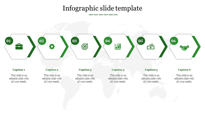 Infographic PPT slide with six green hexagonal icons representing business, gears, goals, growth, finance, and partnerships.
