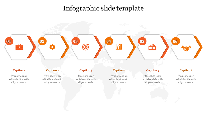 Six step orange themed infographic showing hexagonal shapes with icons and captions on a world map background.