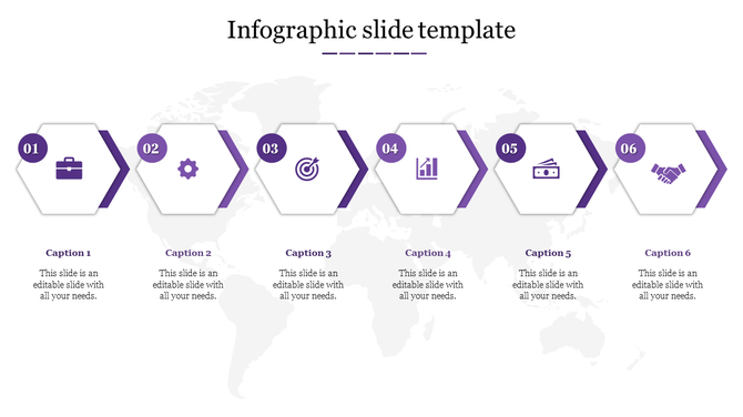 Six-step infographic with hexagonal shapes and purple icons, including briefcase, gear, target, graph, cash, and handshake.