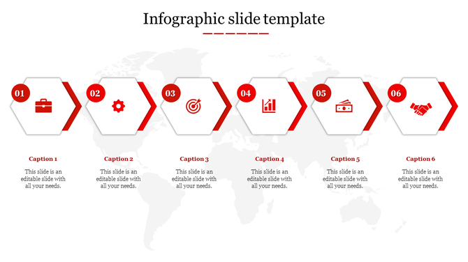Six step red themed infographic with hexagonal shapes, featuring icons and captions aligned horizontally over a world map.