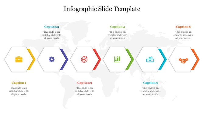 Infographic slide with six colorful icons inside hexagons with captions.