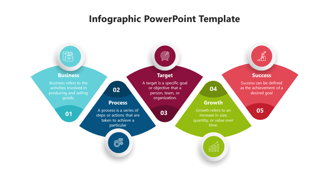 Infographic PPT slide with five colorful segments and icons representing business, process, target, growth, and success.