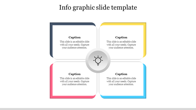 Creative infographic template with four colored sections and a lightbulb icon in the middle with captions.