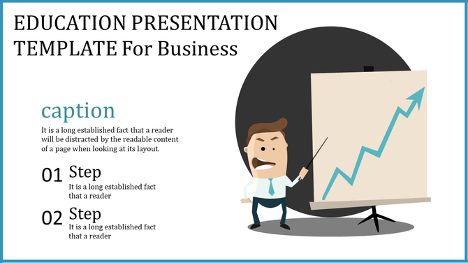 Illustrated man presenting a chart with an upward arrow on the right, and two numbered text sections on the left.