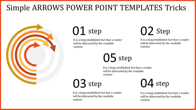 PowerPoint template with five steps arranged in colorful circular arrows, showcasing various stages with placeholder text.