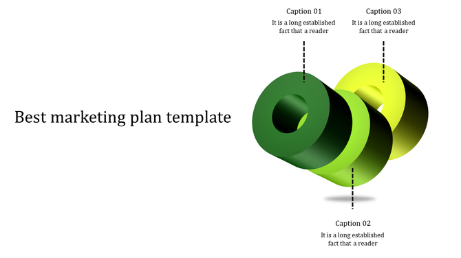 Three green toned hollow rings representing steps in a marketing plan, with dotted lines linking captions.