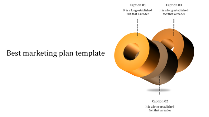 Abstract orange 3D ring design with three captions explaining elements of a marketing plan template.