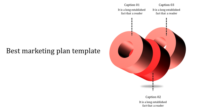 Marketing slide minimalistic 3D structure of red metallic rings, each connected to captions, representing design elements.