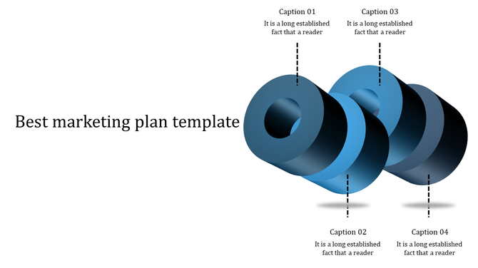 Dynamic marketing plan template featuring four blue 3D ring structures with explanatory text.