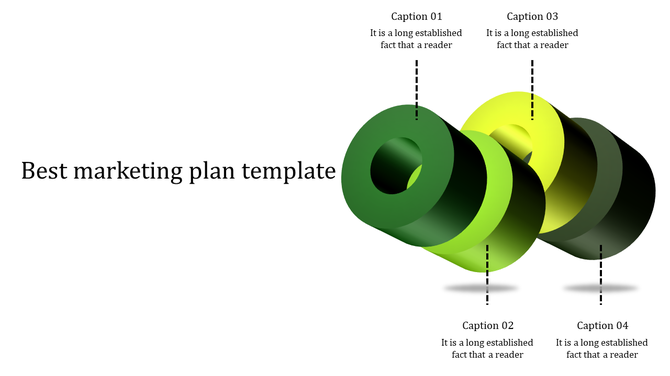 3D infographic with interconnected green rings representing marketing plan steps, labeled captions 1 to 4.