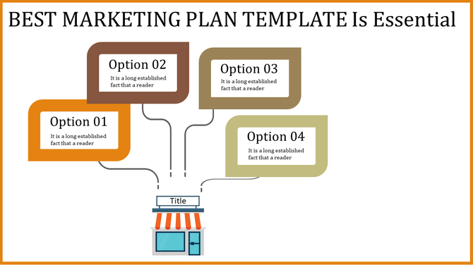Best marketing plan template featuring four options connected to a shop illustration with placeholder text.