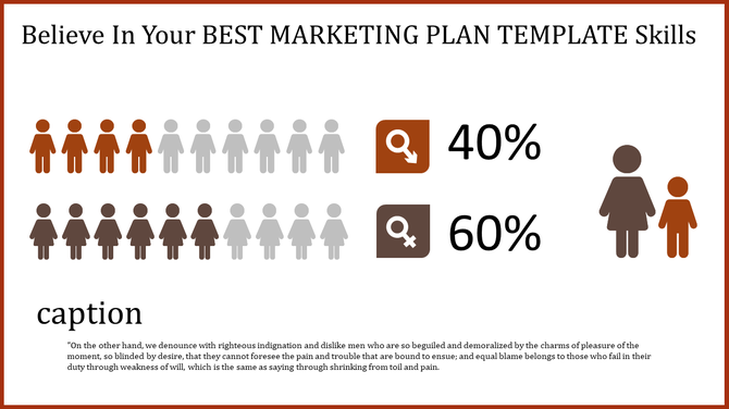 Marketing plan template showing gender distribution with icons and percentages with captions.