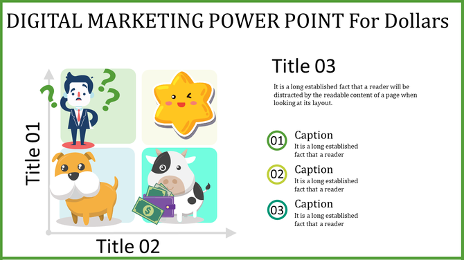 Grid layout with illustrations of a businessman, a star, a dog, and a cow holding money, alongside three numbered captions.