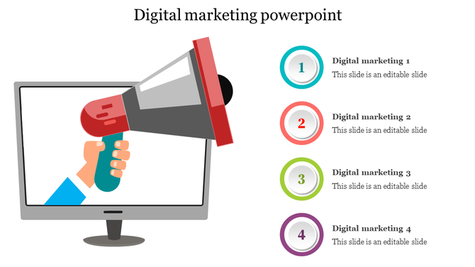 Slide with a digital marketing theme, showcasing a hand holding a megaphone and sections for different marketing strategies.