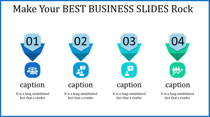 Business slide with four stages represented by downward pointing arrows and colorful icons with captions.