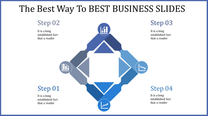 Business slide with diamond shaped center and four steps labeled with icons and text in shades of blue.
