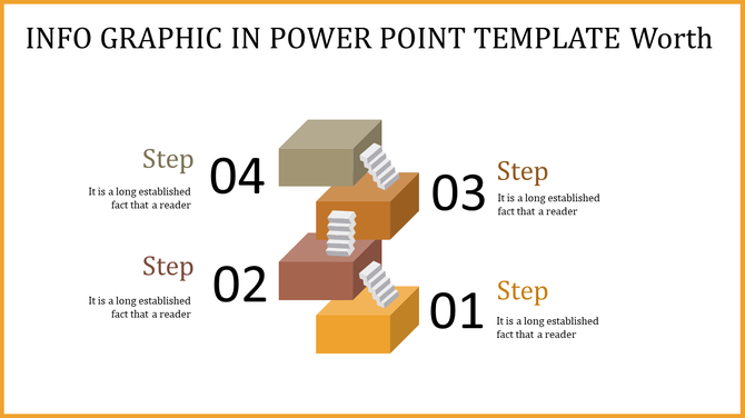 Infographic PPT template showing four steps with stacked blocks and descriptive text for each step.