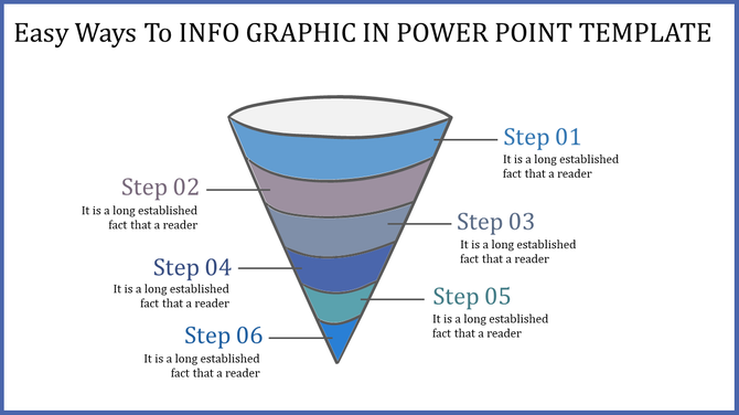 Infographic PPT template showing a funnel with six steps, each labeled and with space for detailed captions.