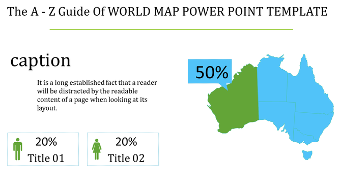 A world map PowerPoint template with a highlighted region in green showing 50 percent and two categories with icons.