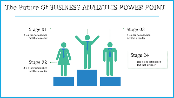 Business analytics PPT slide featuring four stages with figures standing on podiums representing different stages of growth.
