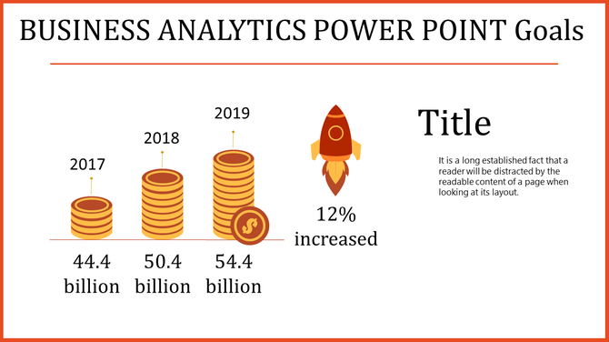 Business analytics slide with stacked coins showing revenue growth from 44.4 billion in 2017 to 54.4 billion in 2019.