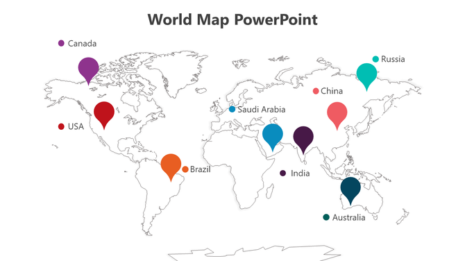World map PowerPoint slide with location markers for various countries, including the USA, Brazil, and Russia.