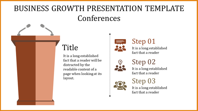 Conference layout with a brown podium illustration, descriptive text on the left, and three numbered steps on the right.