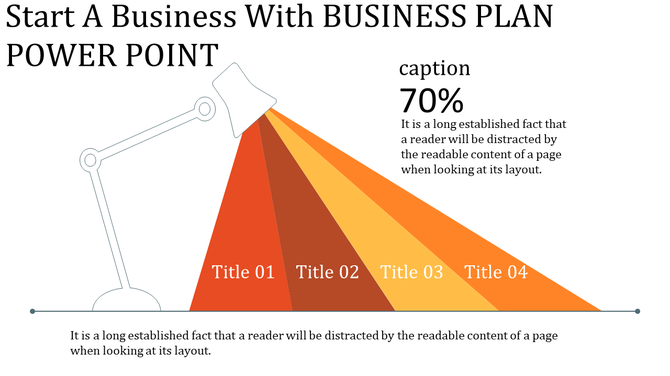 Business plan PowerPoint slide featuring a lightbulb pointing at color coded titles.