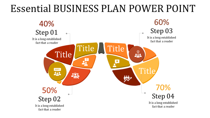 Business plan PowerPoint slide with four colorful steps and icons with placeholder text.