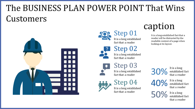 Business plan PowerPoint template with steps and percentage bars for progress tracking with placeholder text.