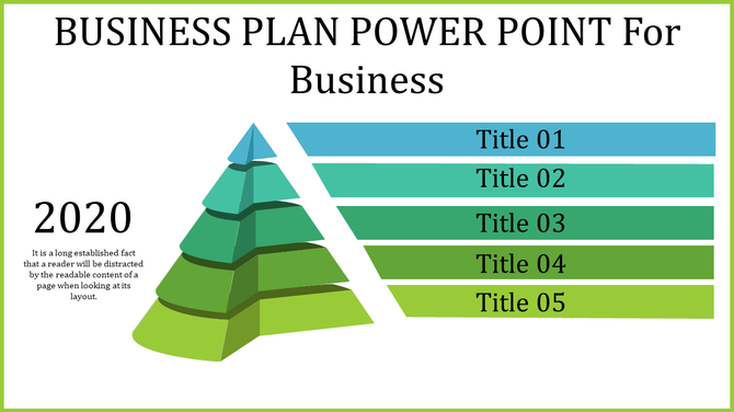 Business plan PowerPoint template featuring a colorful pyramid with five titled sections.