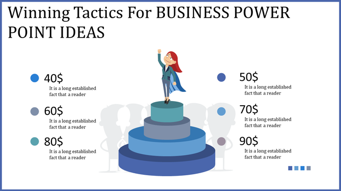 PowerPoint slide showing a character standing on a podium with business tactics listed in ascending order of price.