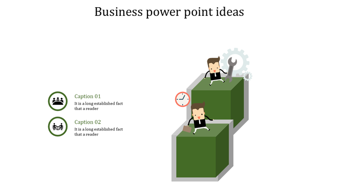 A business PowerPoint slide with characters and icons representing collaboration and productivity is set on green blocks.