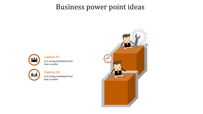 Creative business template with stacked orange cubes, figures holding tools, and two captions with icons on the left.