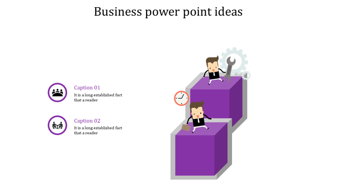 Slide featuring two purple cubes with cartoon figures doing tasks, paired with circular icons and captions on th left.