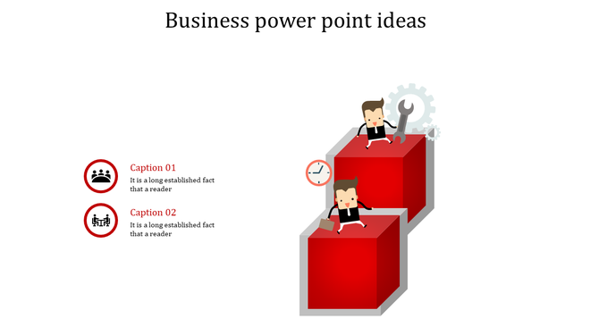 Business infographic with two red cubes, featuring characters holding a wrench and a briefcase, paired with captions areas.