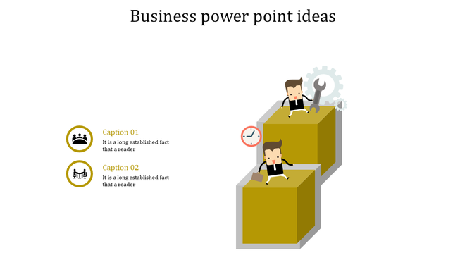 Slide featuring two yellow cubes with cartoon figures doing tasks, paired with circular icons and captions on th left.