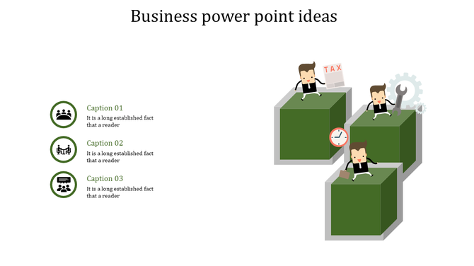 Creative business slide with green cubes featuring business figures and tools, three captions labeled with icons.
