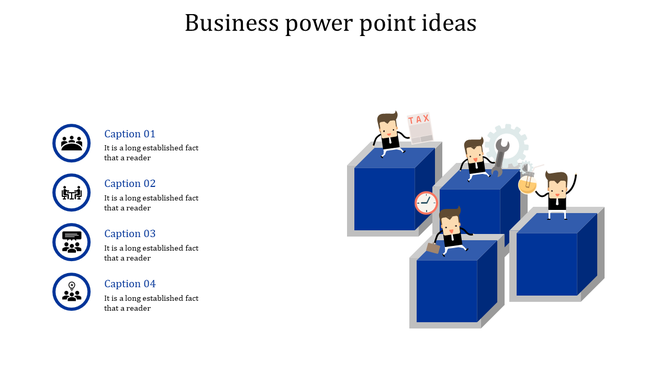 Minimalist business design with four blue cubes, action figures, and text captions aligned on the left.