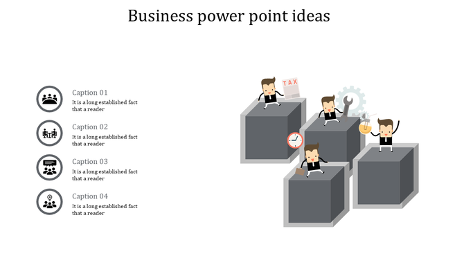Business themed layout with four gray cubes and cartoon figures performing various tasks and captions on the left.