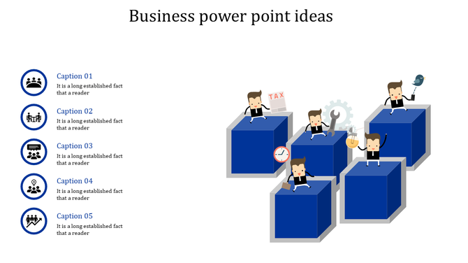 Business themed layout with five blue cubes and cartoon figures performing various tasks and captions on the left.