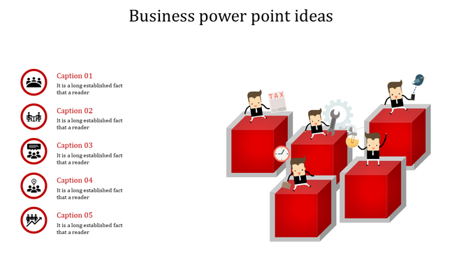 Business slide featuring red 3D cubes with figures representing financial, operational, and tasks, paired with caption areas.