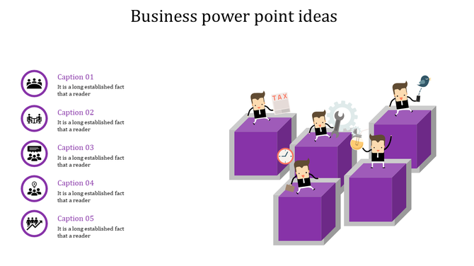 Business themed layout with five purple cubes and cartoon figures performing various tasks and captions on the left.